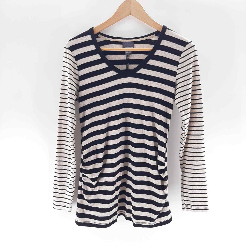 Oh Baby by Motherhood Maternity Top Women Medium Black Beige Stripe Ruched Tee